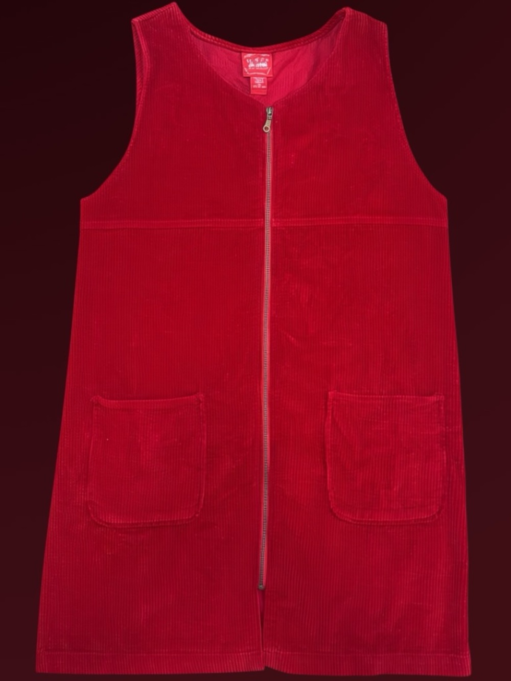Vintage Venezia Jeans Red Corduroy Zip-Front Vest Dress 100% Cotton Sleeveless